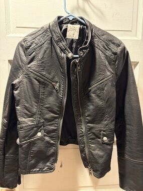 Free People Black Faux Leather Moto Jacket with Silver Hardware